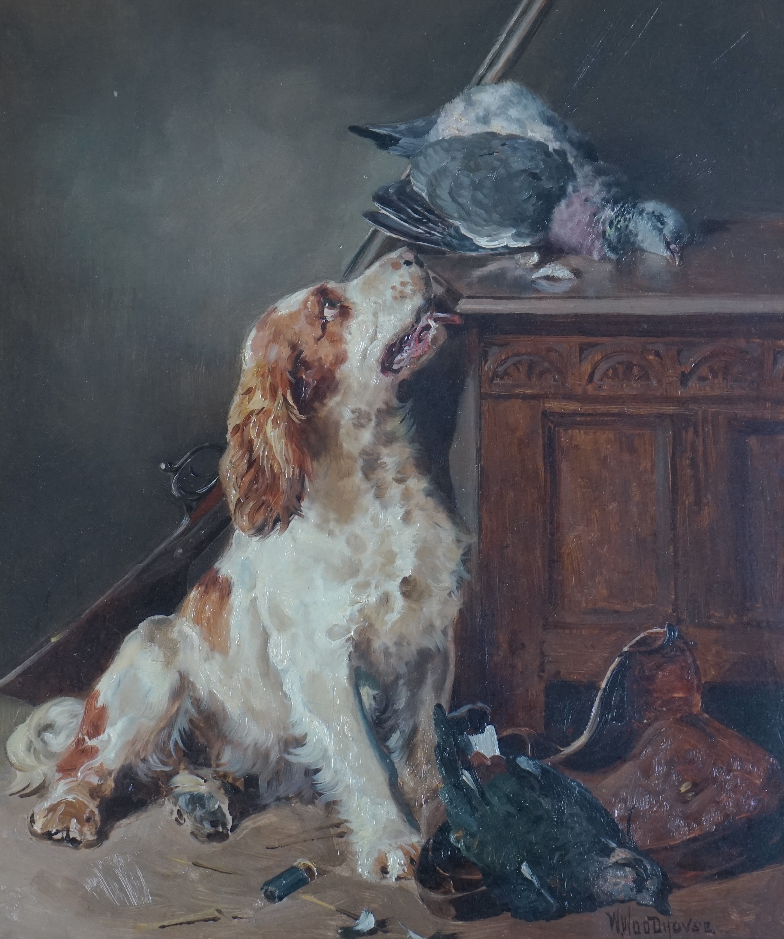 William Woodhouse (British, 1857-1939), 'After the shoot'; Cumberland spaniel and game, oil on panel, 29 x 24cm